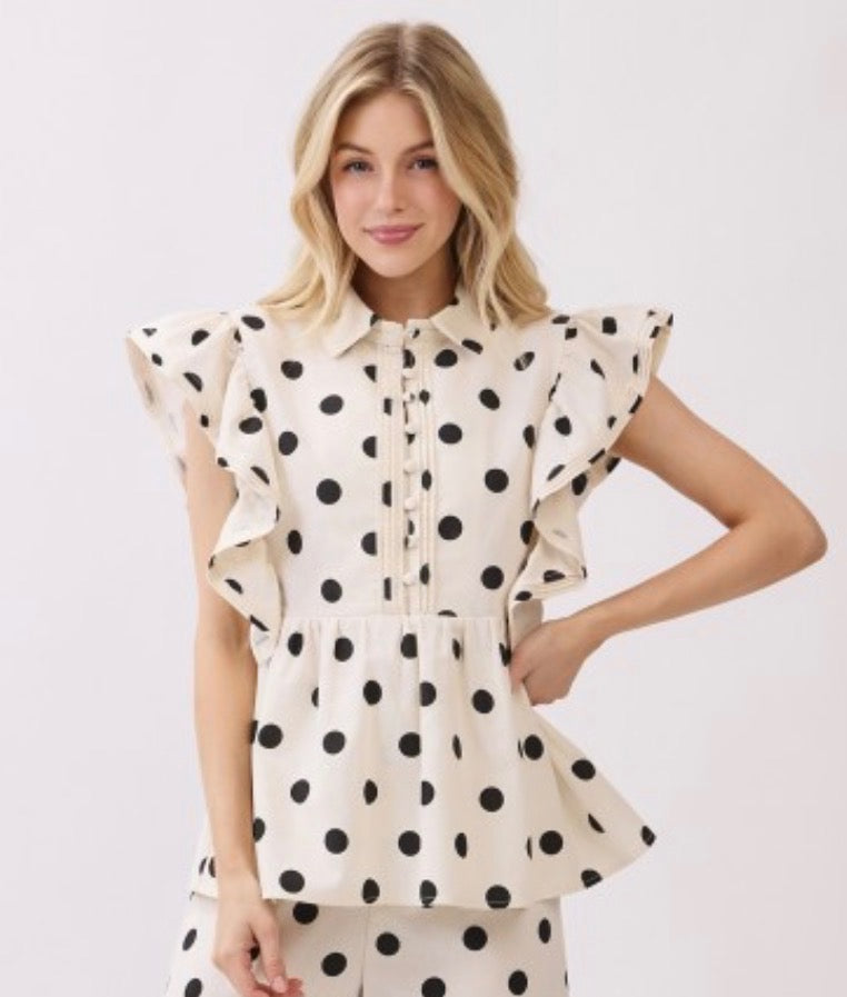 Polka Dot Flutter Sleeve Button-Front Blouse