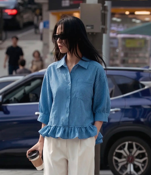Blue Collared Ruffle Half Sleeve Blouse