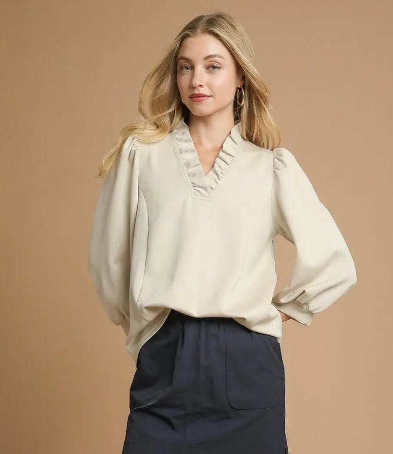 Ruffle Neck Blouse with Puff Sleeve