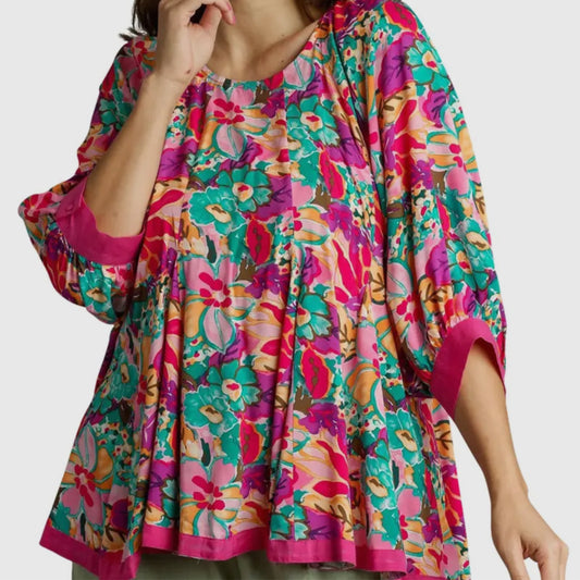 Floral Print Round Neck Pleated