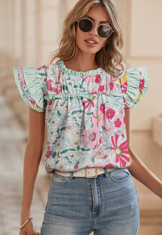Floral Print Contrast Ruffle
Short Sleeve Blouse