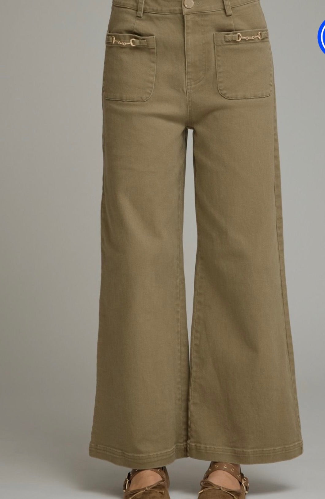 Wide Leg Olive Green Pants With Gold Detailing