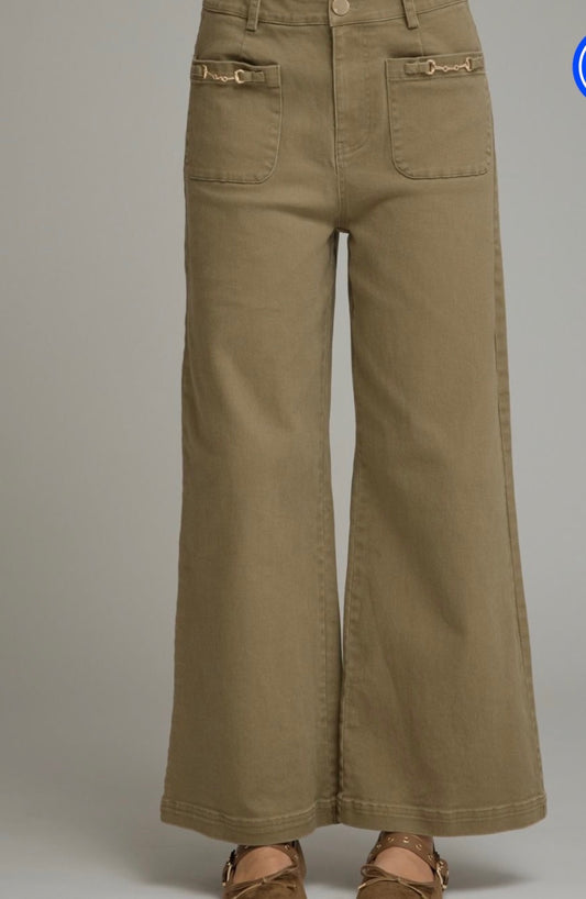 Wide Leg Olive Green Pants With Gold Detailing