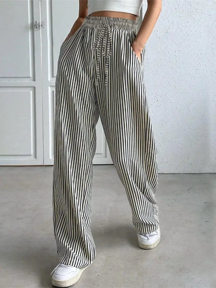 Umgee Latte And Black Striped Linen Pants