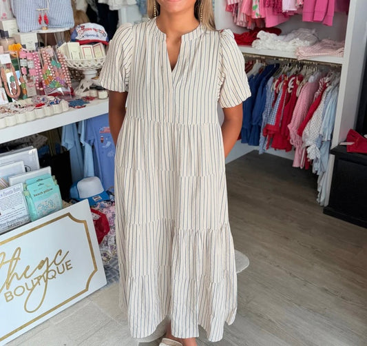 Beige And Grey Striped Dress With V Neck And Puff Sleeves
