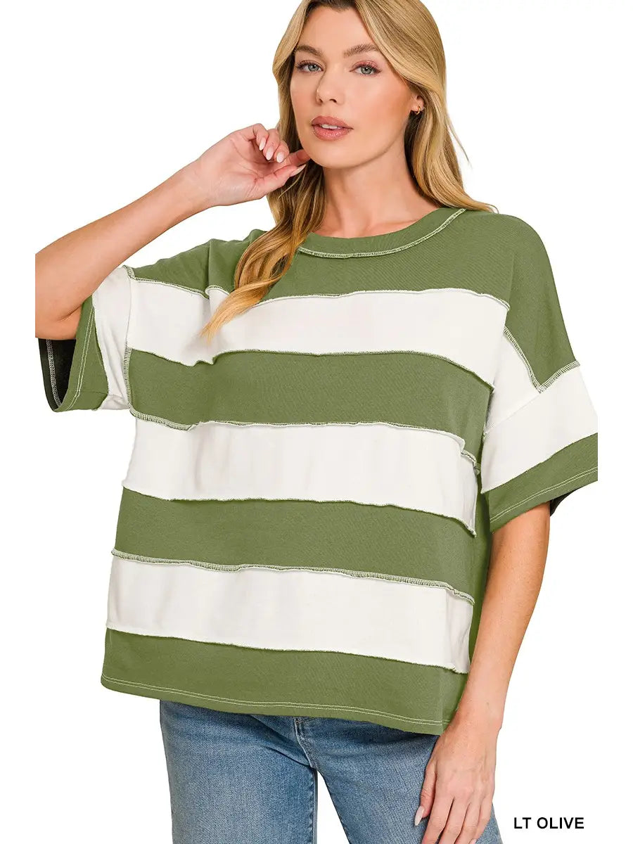 French Terry Striped Exposed Seam Top