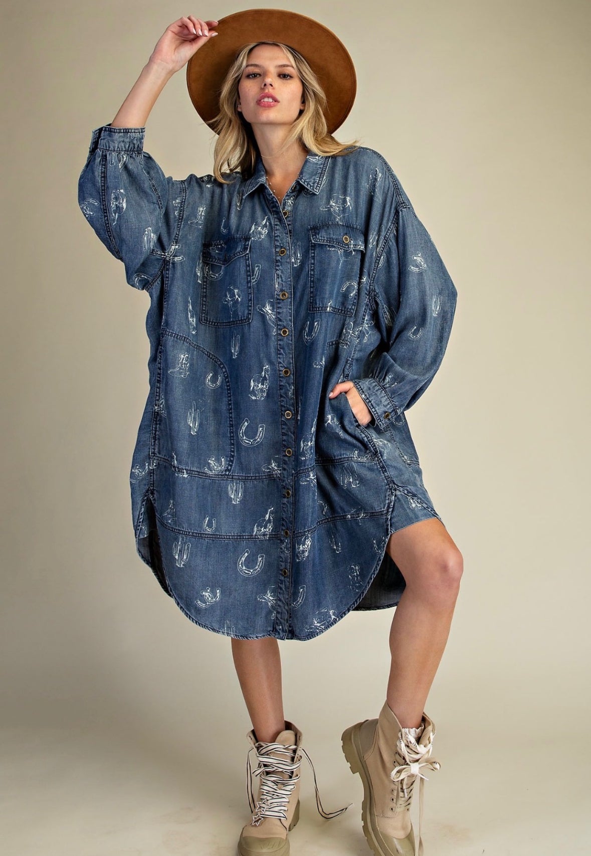 Washed Denim Long Sleeve Western Printed Button Up Dress