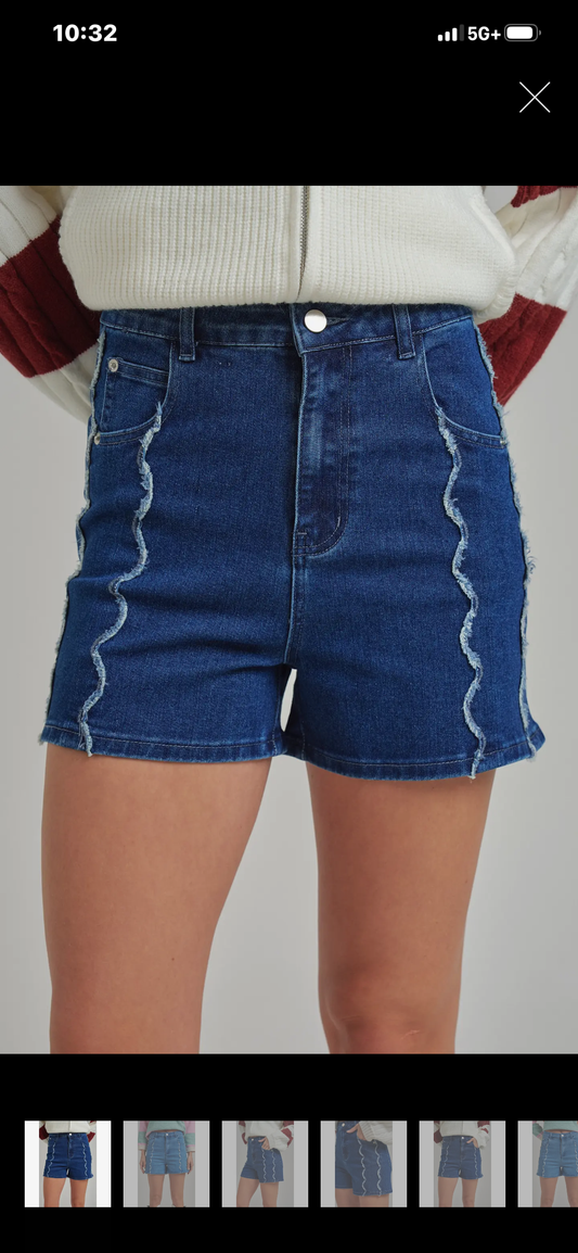 High Rise Denim Shorts With Scalloped Front Seam