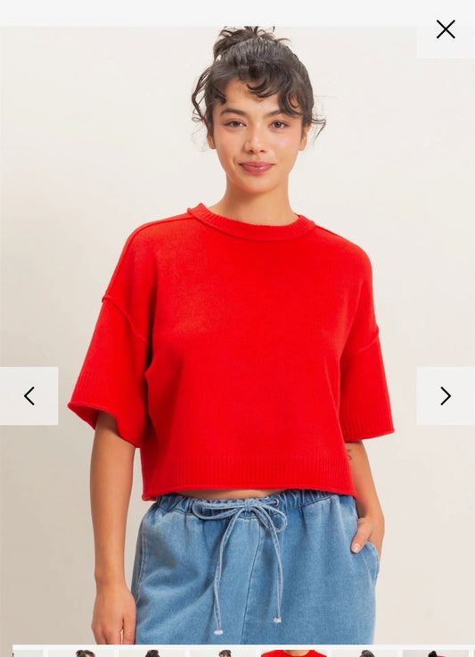 Red Short Sleeve Crop Sweater
