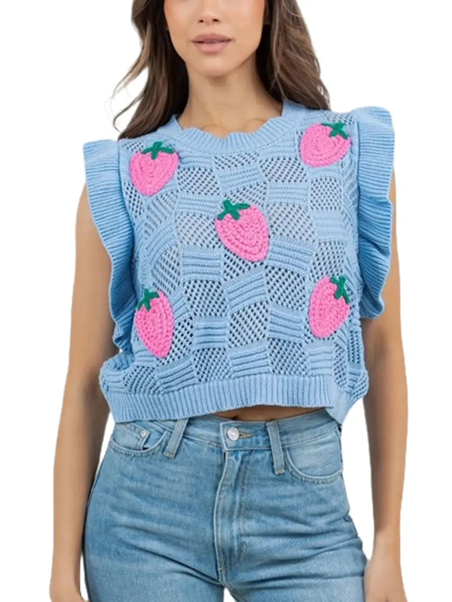 Knit Sweater Vest with Embroidered Strawberries