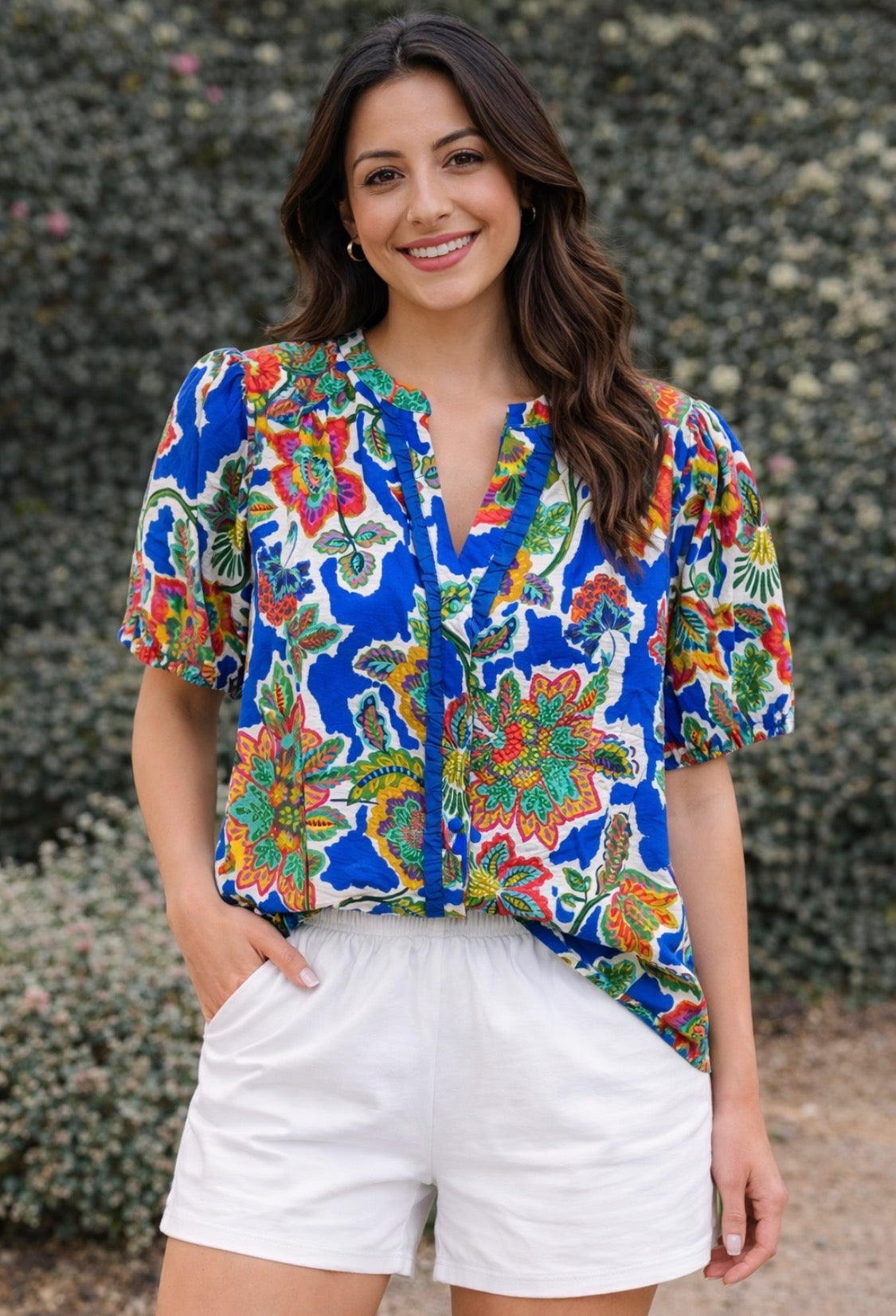Umgee Vibrantly Colored Puffed Sleeve Blouse