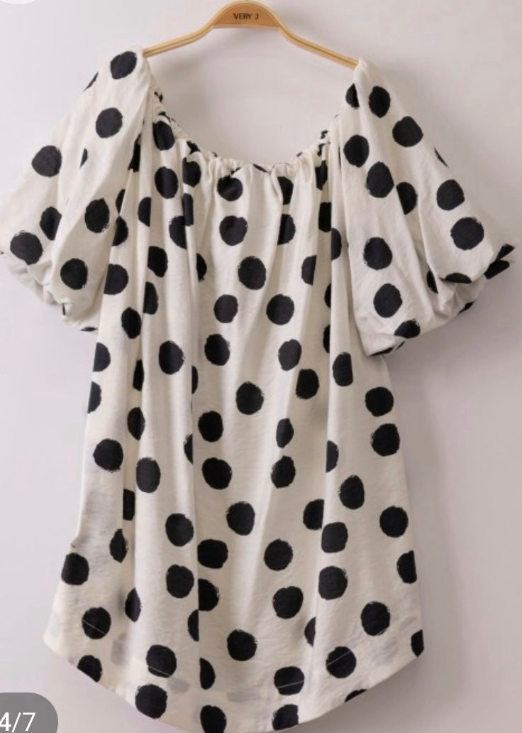 Polka Dot Flowy Bubble Sleeved Dress