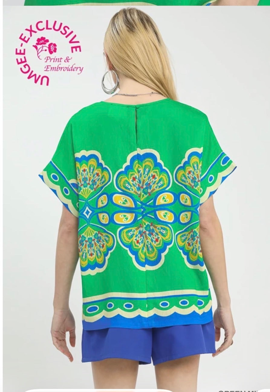 Green Mix Round Neck Cap Sleeve Top