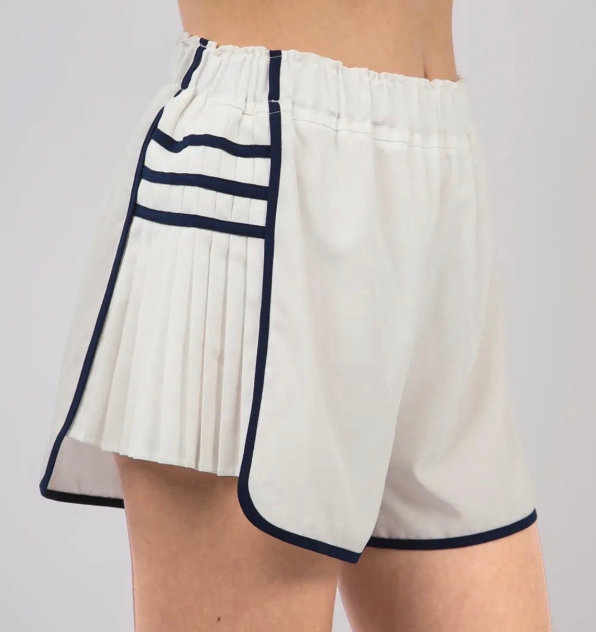 White Pleated Activewear Shorts With Navy Trime