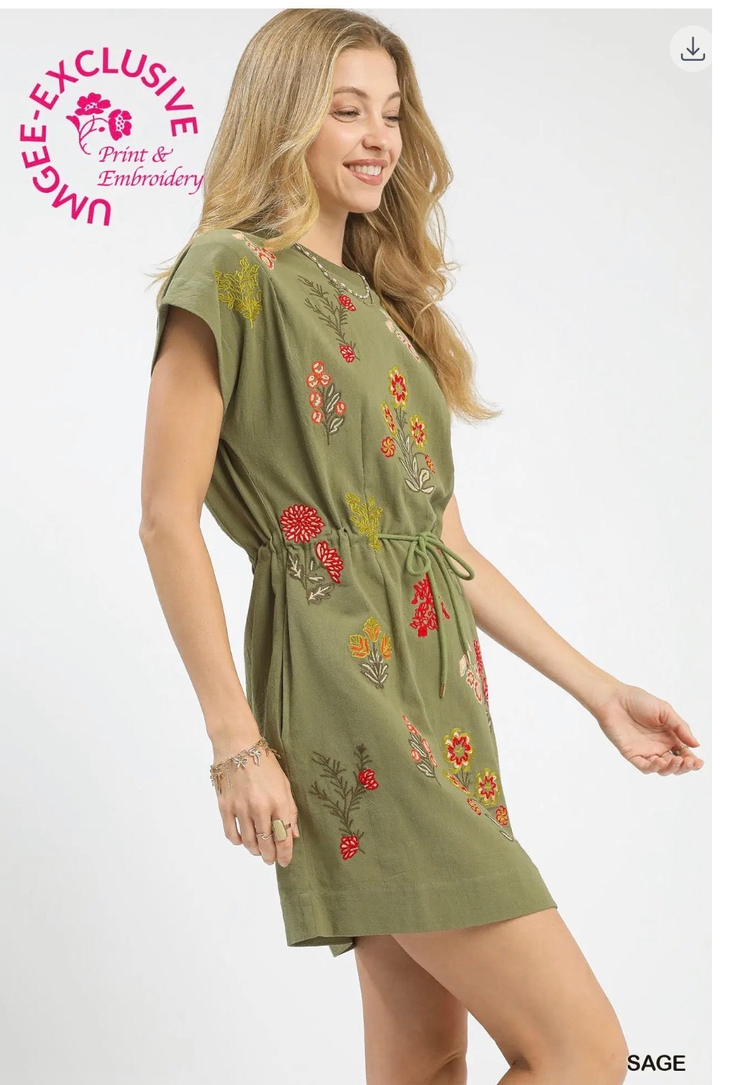 Sage Multicolor Floral Embroidery Short Sleeve Adjustable Waist Tie Dress
