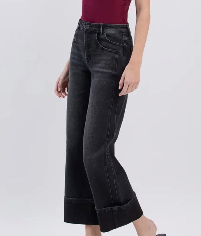 Black High Rise Cuffed Baggy Wide Jeans