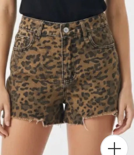 Leopard Print Frayed Hem Denim Shorts
