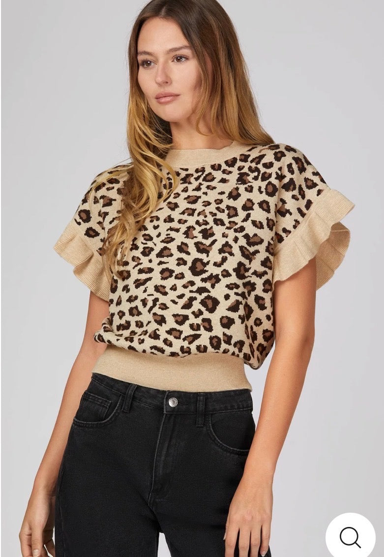 Ruffle Sleeve Leopard Patterned Sweater