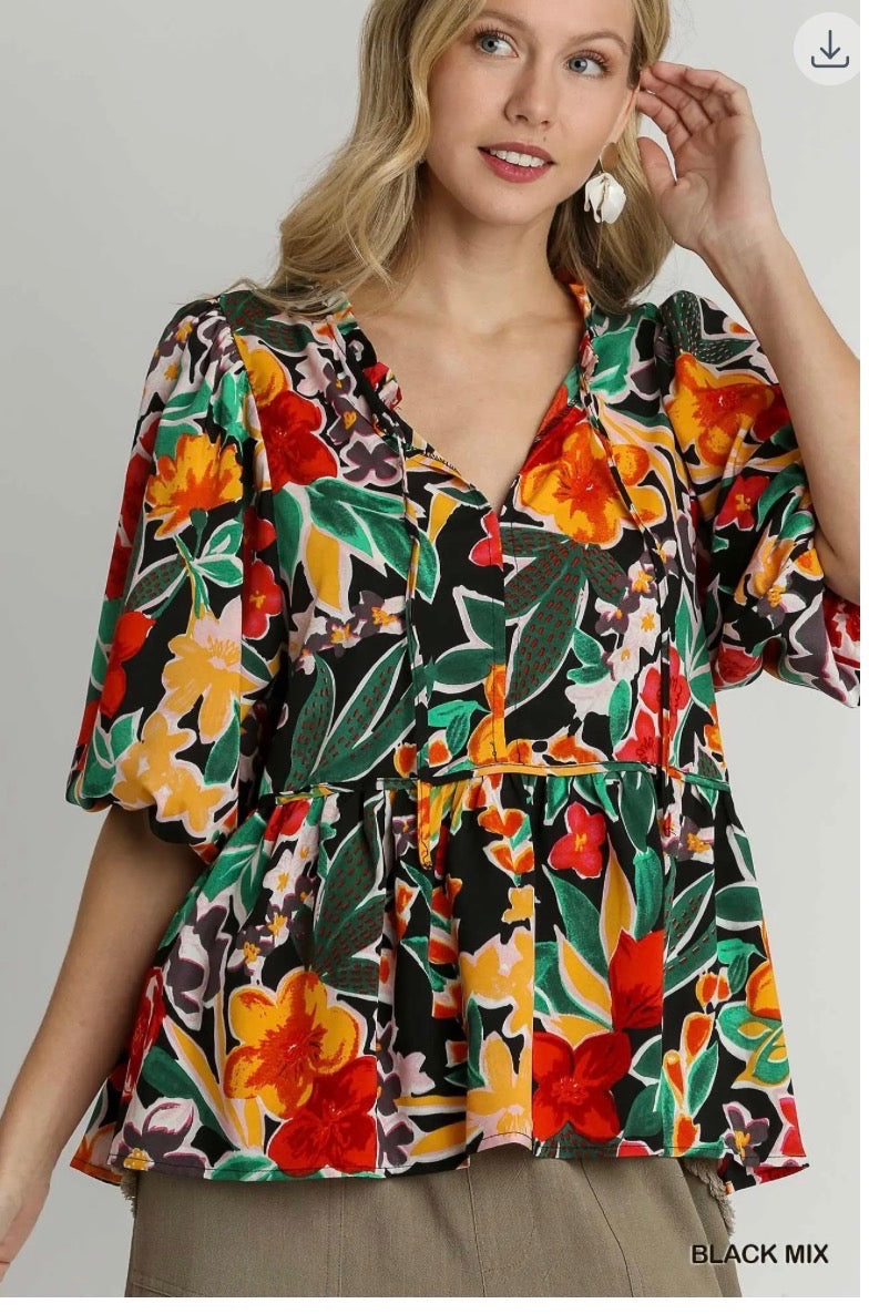 Floral Print V Neck Baby Doll Blouse