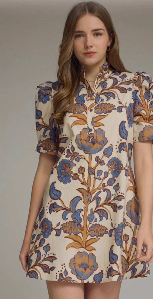 Floral Print Short Puff Sleeve Mini Dress