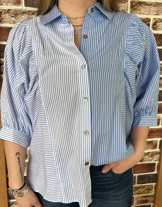 Blue and White Striped Blouse w/pleated sleeves