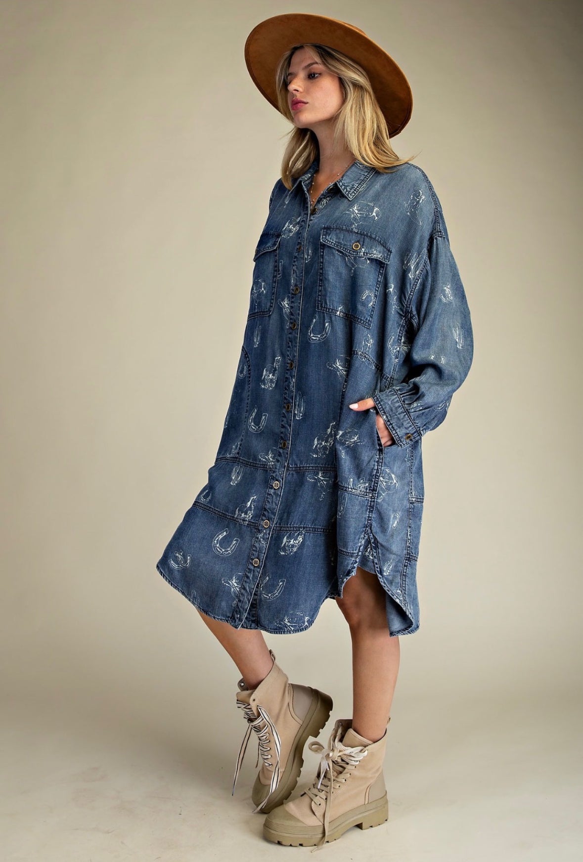 Washed Denim Long Sleeve Western Printed Button Up Dress