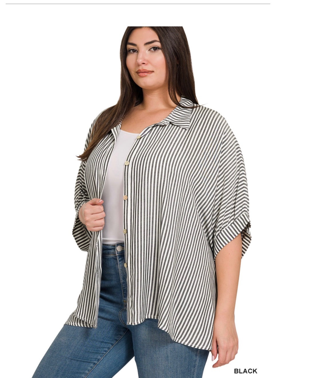 Plus Size Striped Short Sleeve Button Up Top