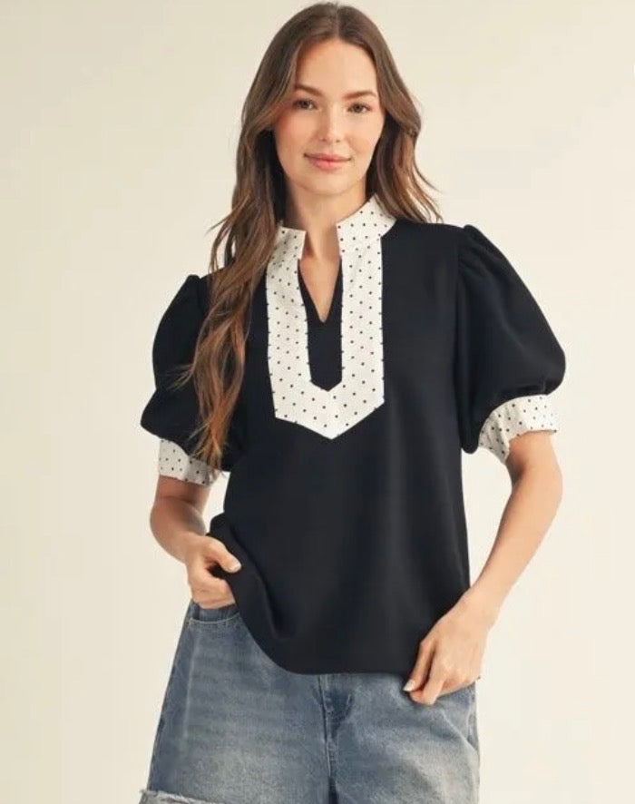 Black Puff Sleeve Blouse With Polka Dot Detailing
