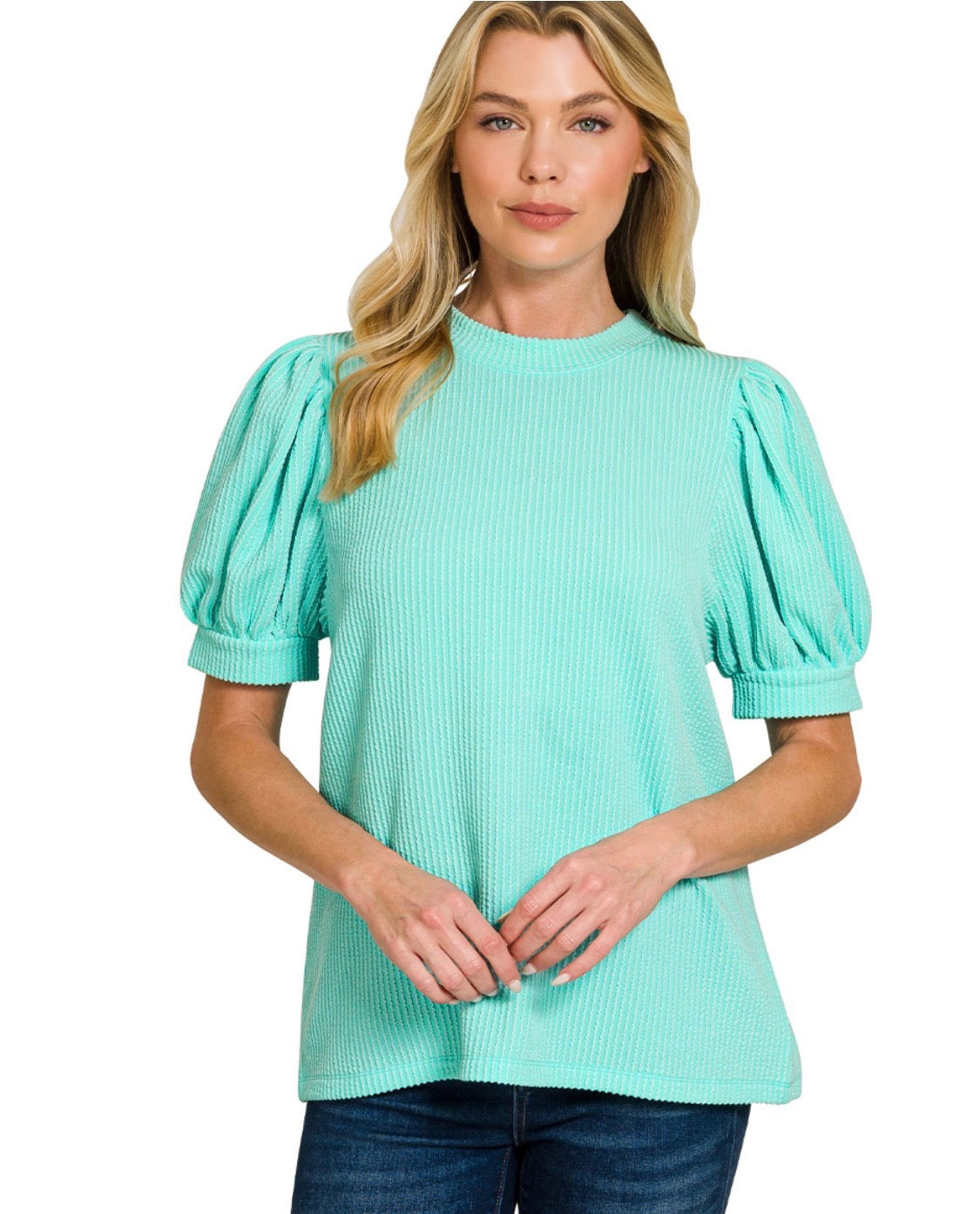 Raised Ribbed Puff Sleeve Top