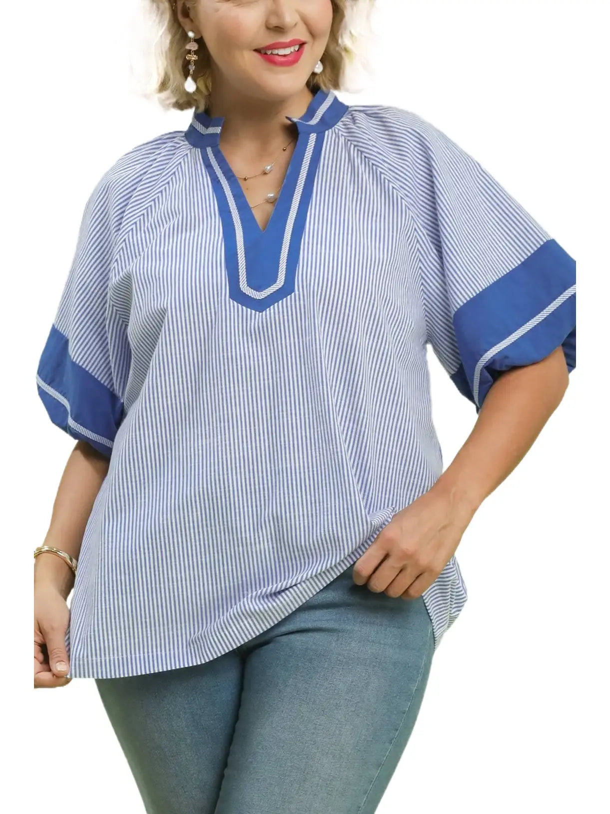 Plus Size Striped V Neck Puff Sleeve Top