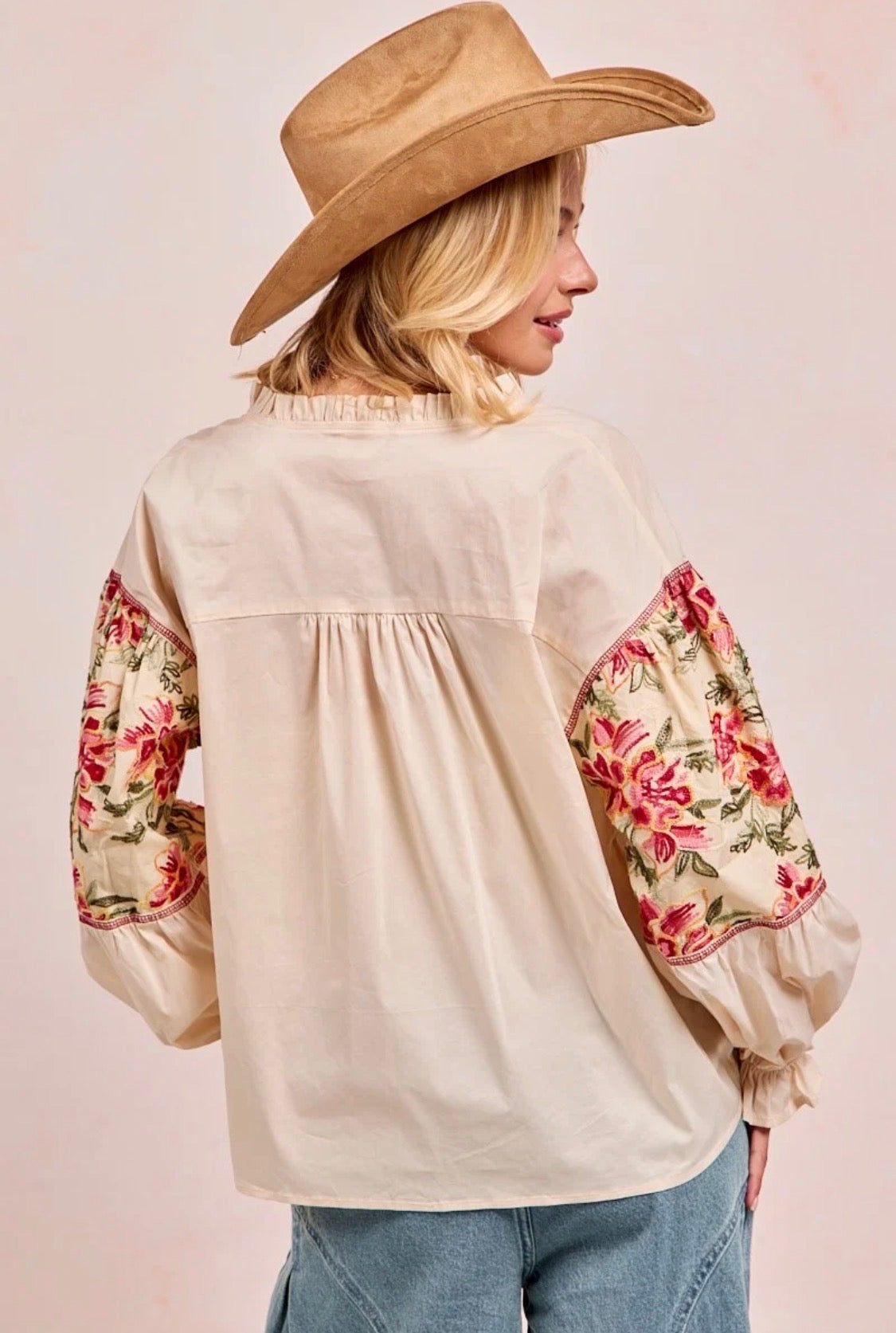 Solid Colored Top w/ Embroidered Sleeves