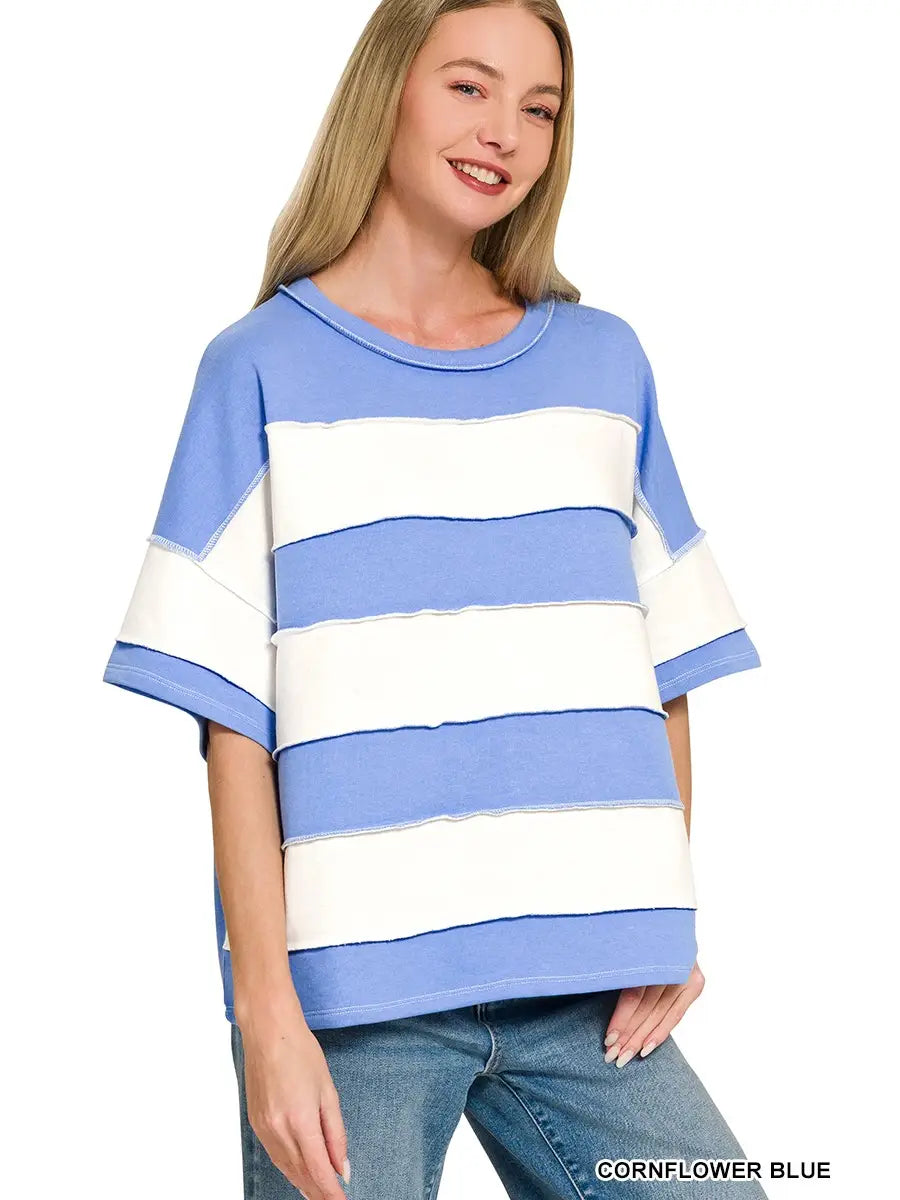 French Terry Striped Exposed Seam Top