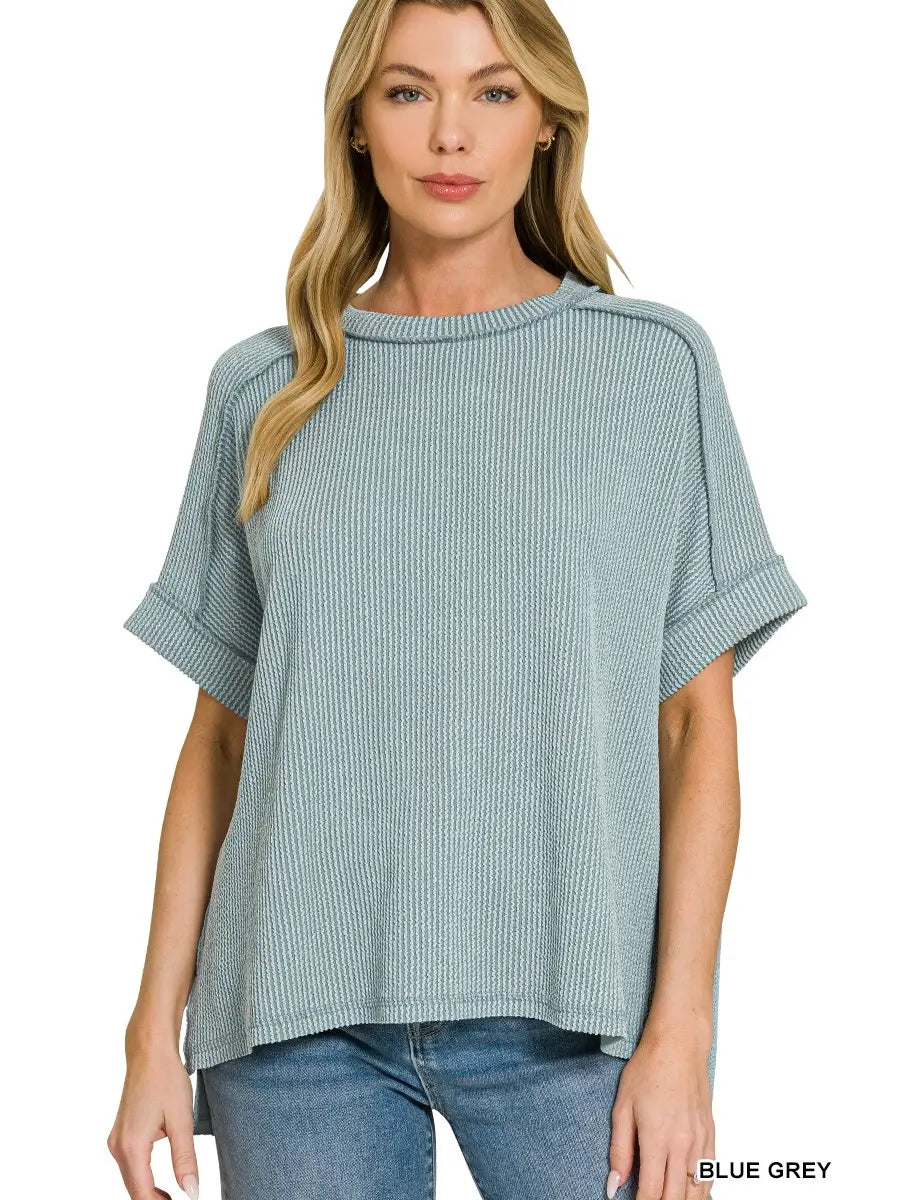 Textured Lined Short Sleeve Ribbed Top
