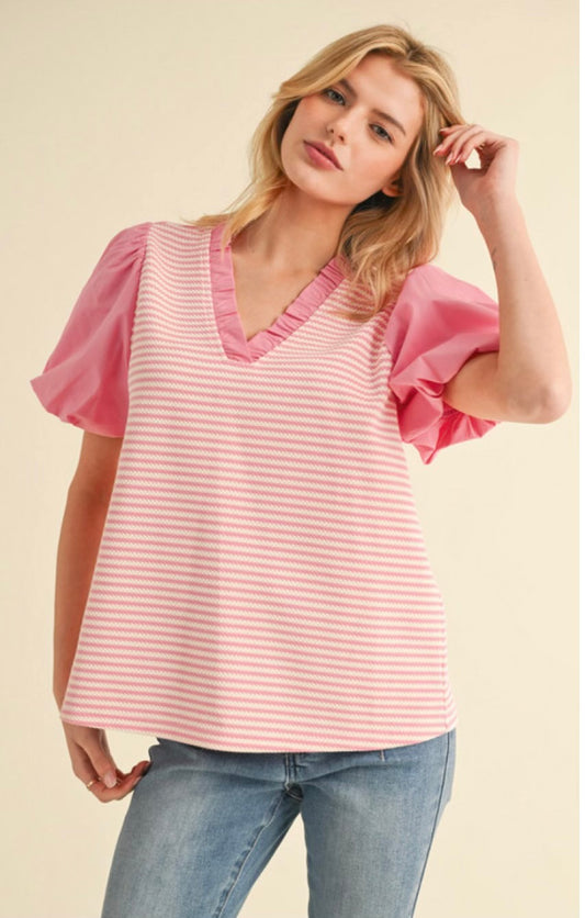 Pink Striped Top With Puff Sleeves