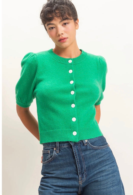 Green Button Down Short Sleeve Sweater