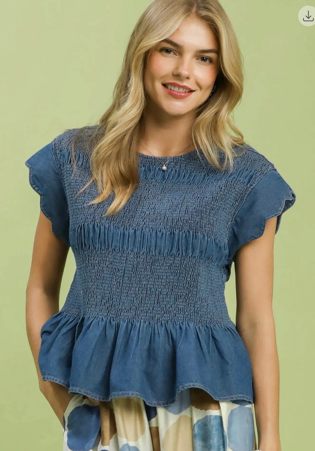 Denim Scalloped Ruffle Cap Sleeve Blouse