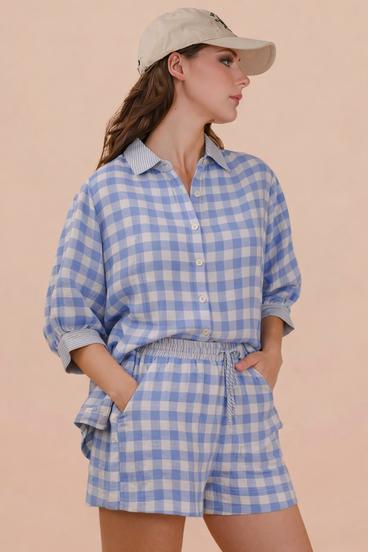 Blue Gingham Matching Set with Striped Collar