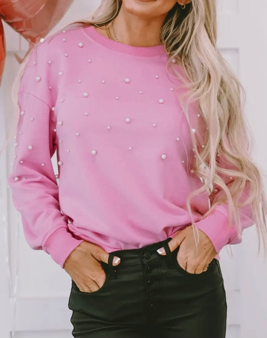 Pearl Detail Ribbed Knit Sweatshirt