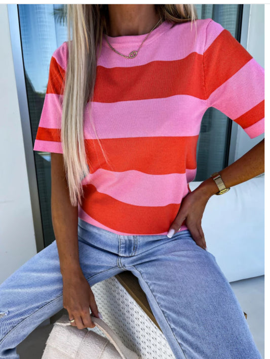 Bright Pink Color Block Striped Knit T-Shirt