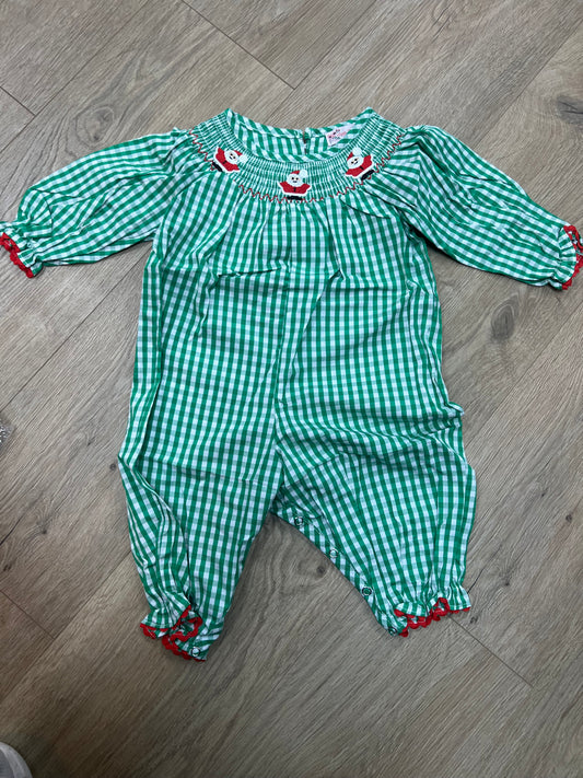 Green Christmas kids gingham smocked romper
