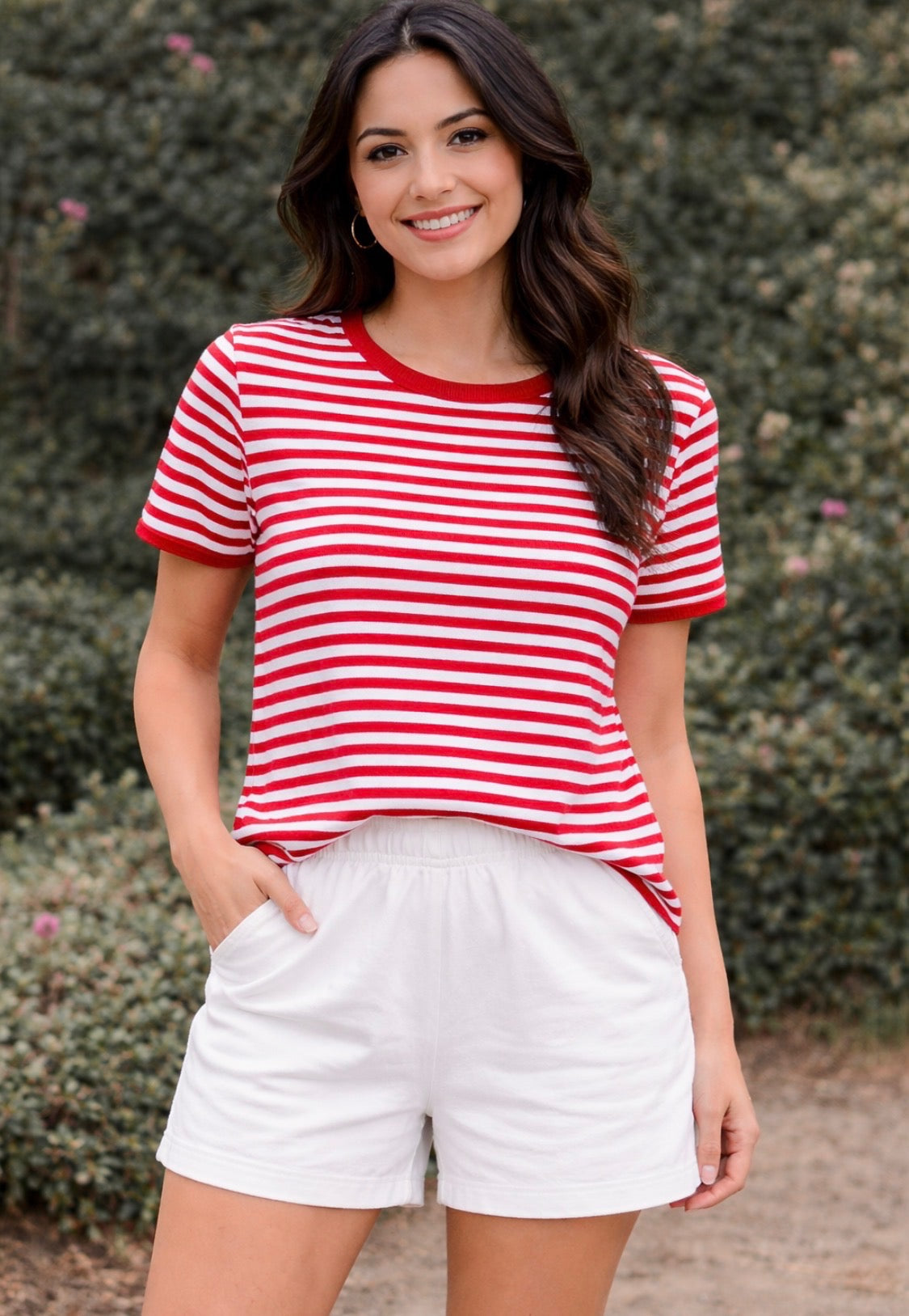 Red And White Striped Top With Red Neckline