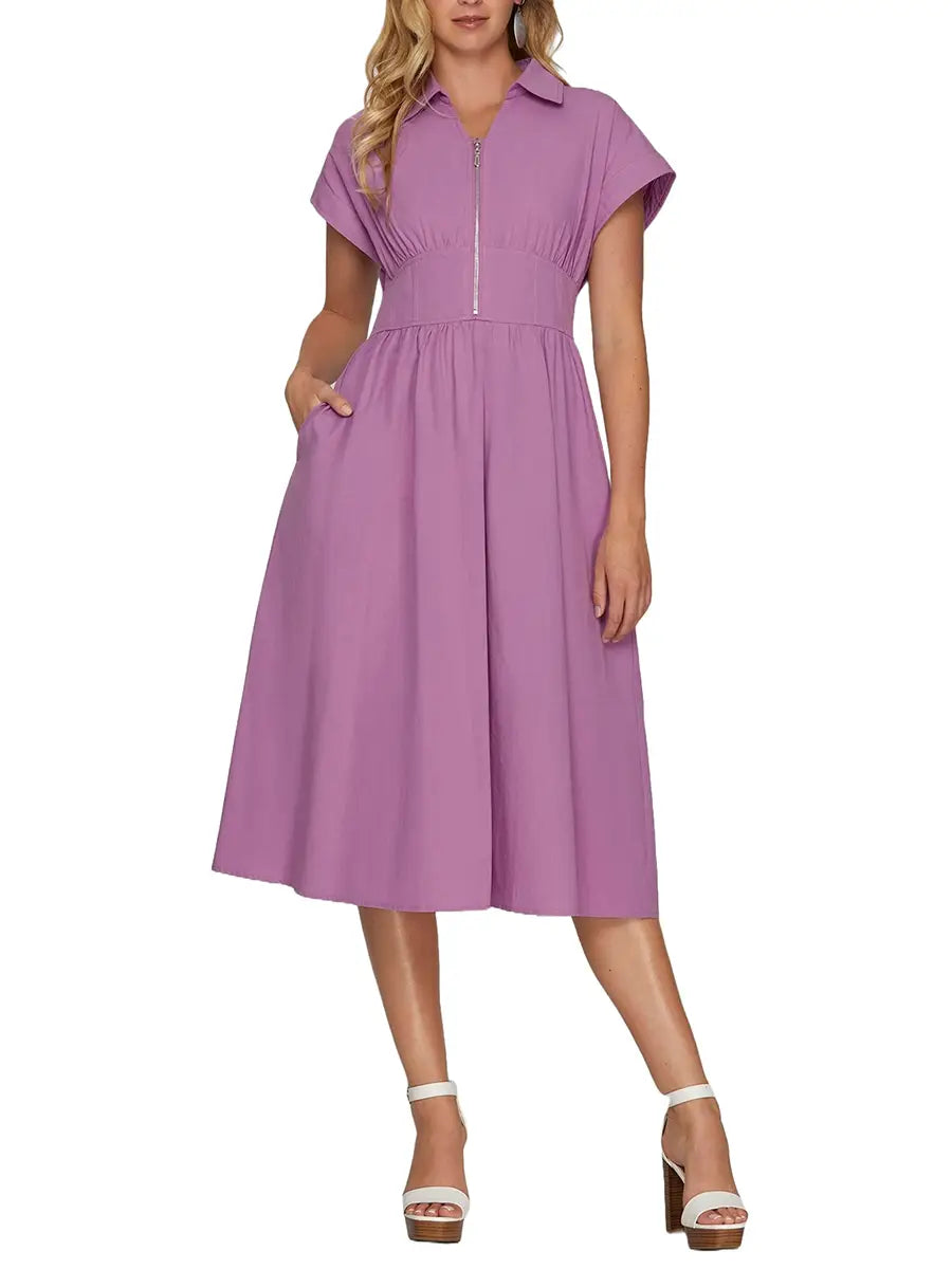 Drop Sleeve Woven Zip Up Dress