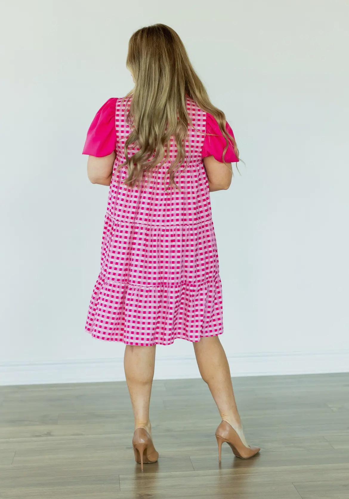 Pink gingham button up dress