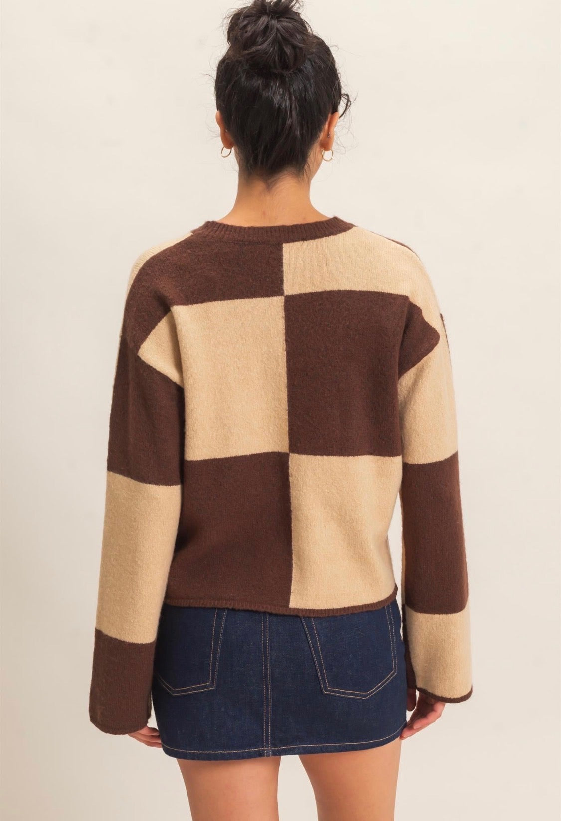 Crewneck Long Sleeve Checkered Sweater