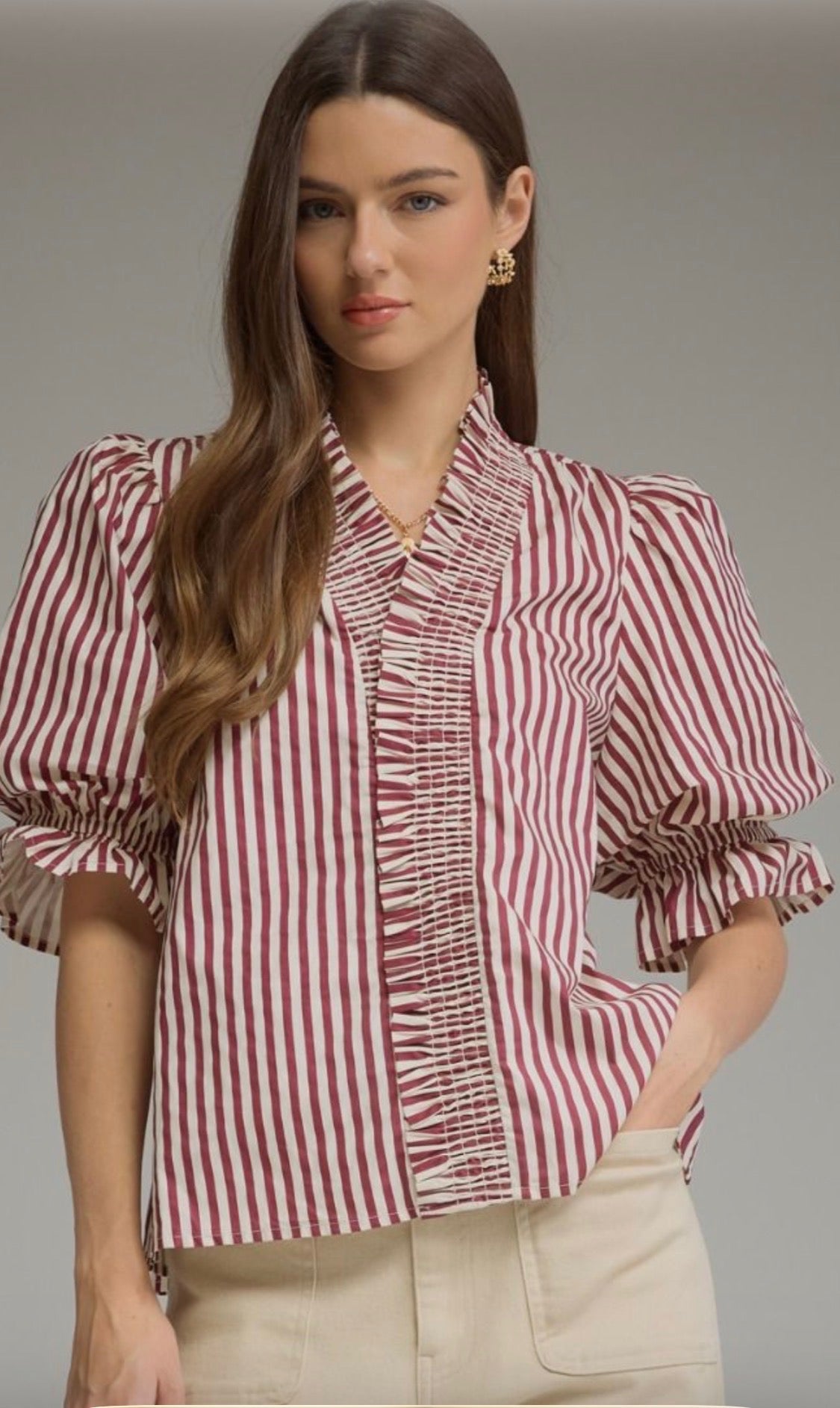Plus Size Stripe 3/4 Puff Sleeve Top