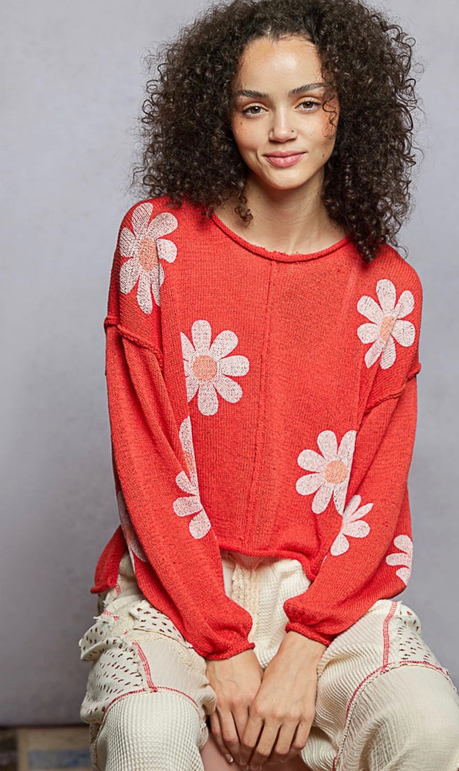 Round Neck Puff Sleeve Flower Top