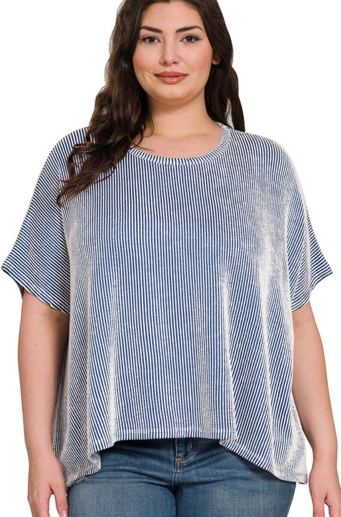 Plus Size Ribbed Striped Oversized Short Sleeve