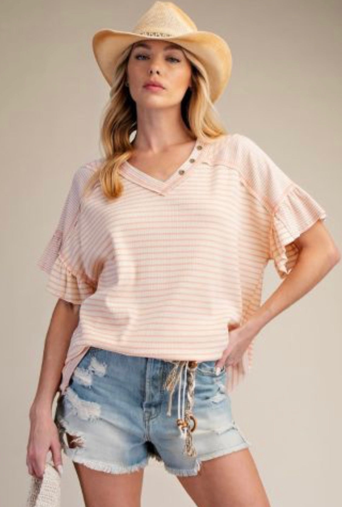 Striped Knit V Neck Stop With Button Detailing