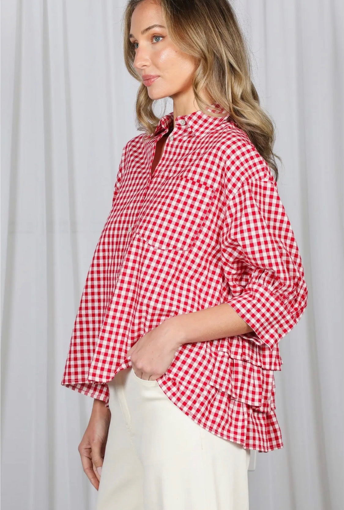 Red Gingham Ruffle Collared Blouse