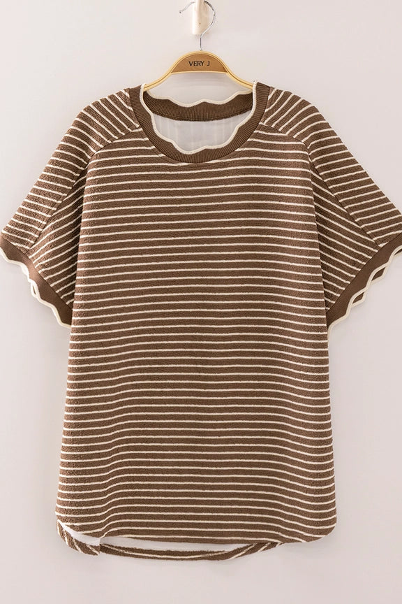 Brown and Cream Scallop Trim Lightweight Sweater